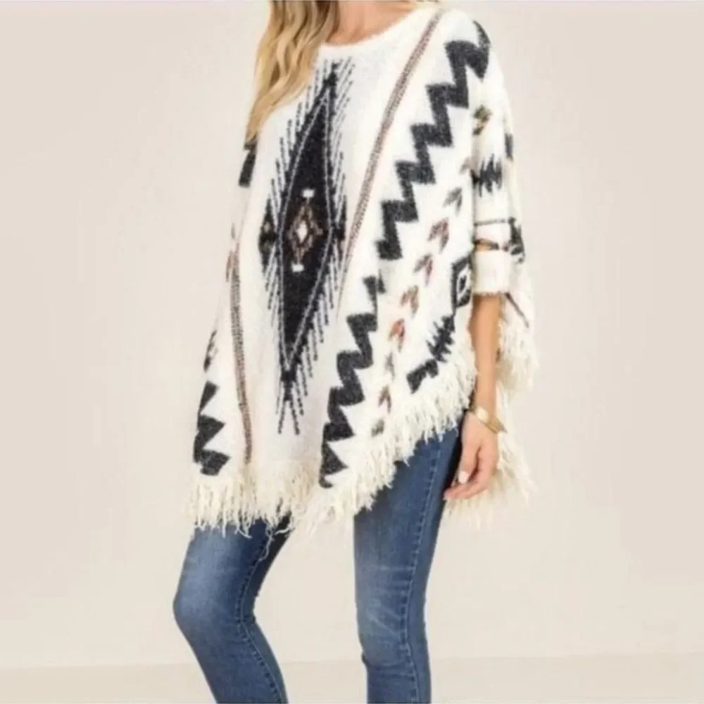 NEW Francescas Fringe Poncho Sweater Ivory Western